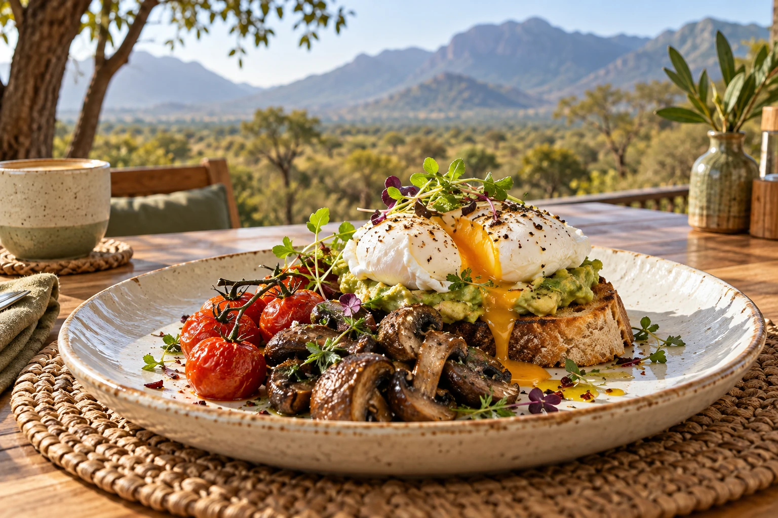 Poached eggs on sourdough with mushrooms and roast tomatoes