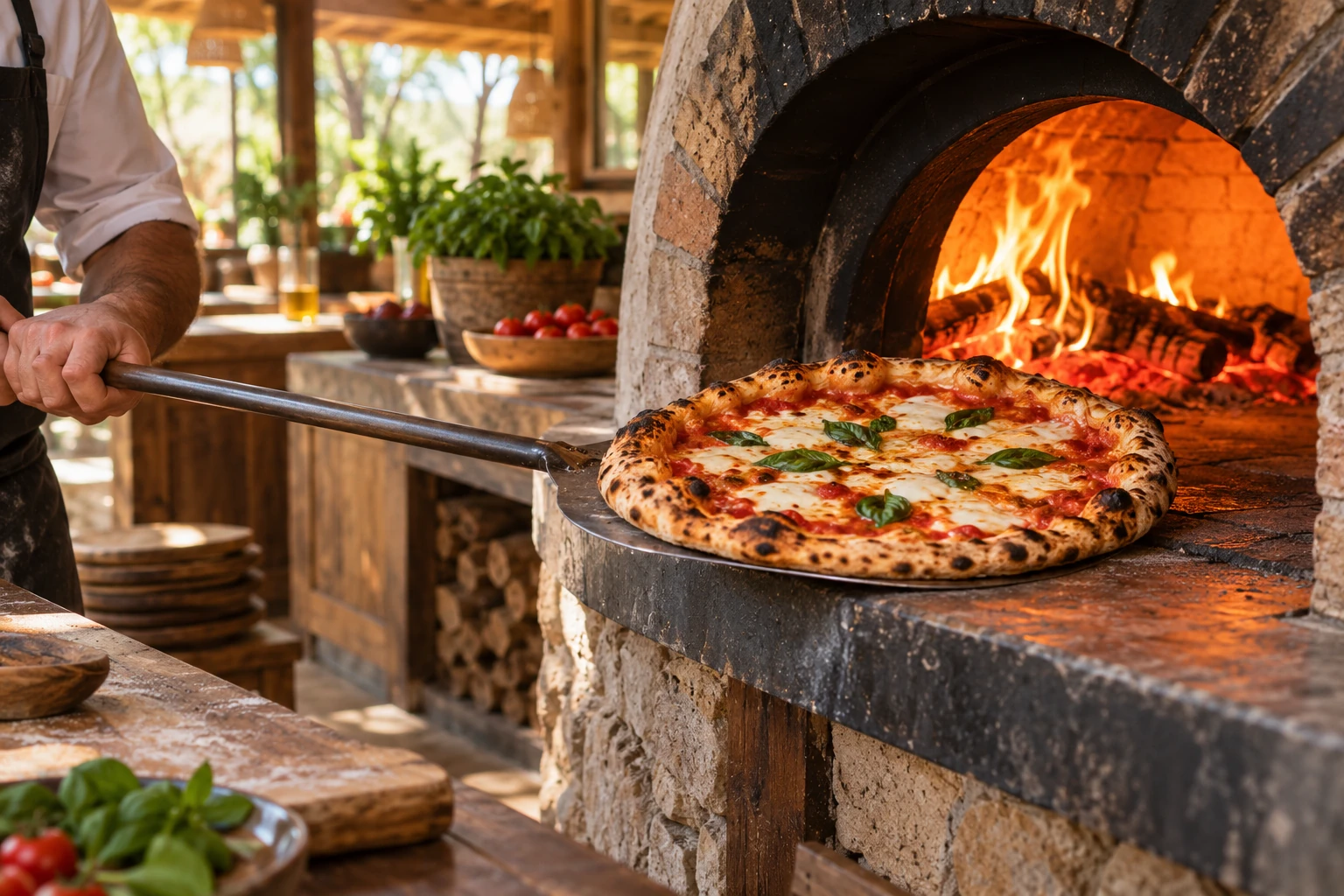 A pizza coming out of a wood-fired oven