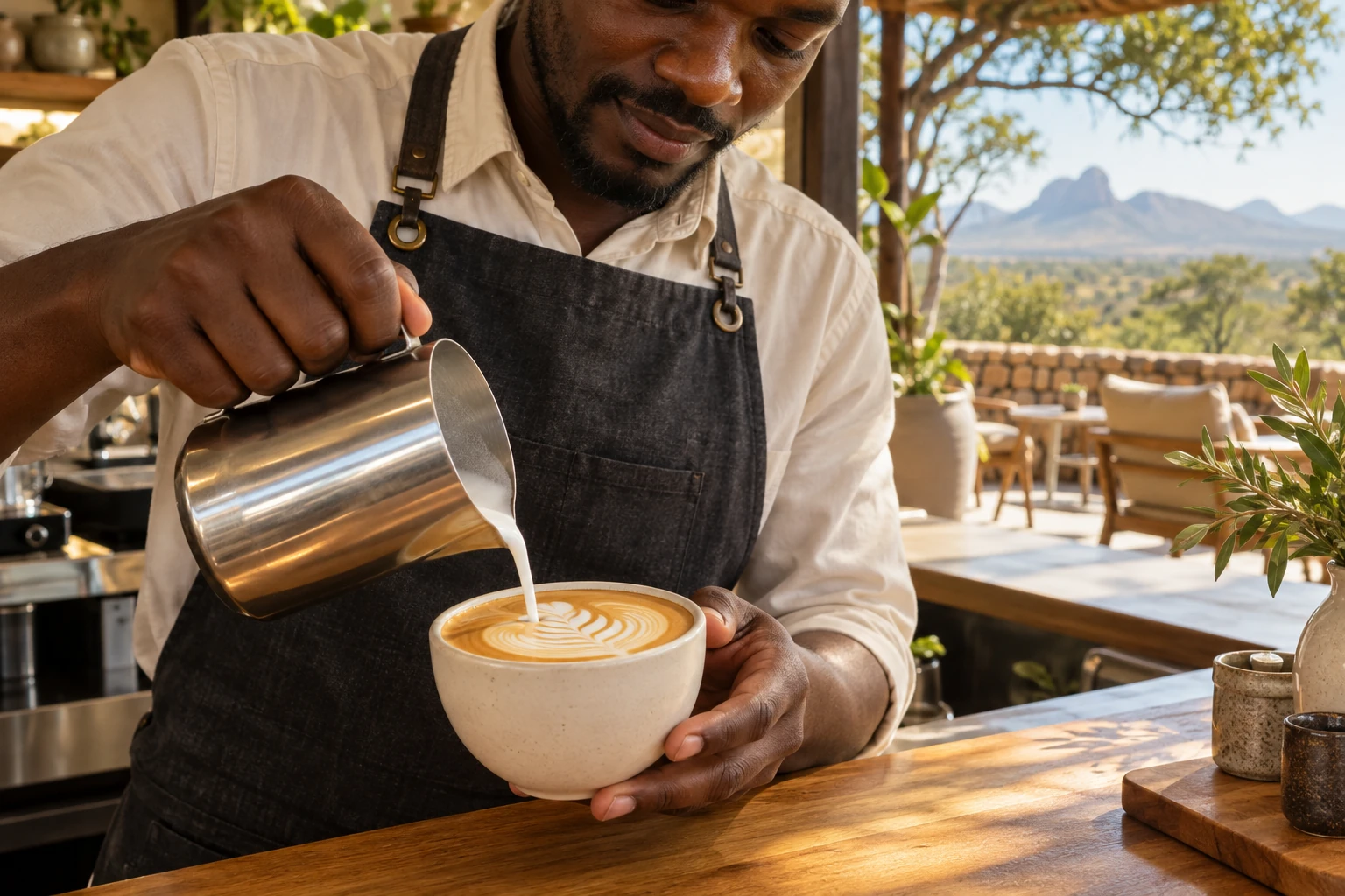 A barista pouring latte art into a white cup