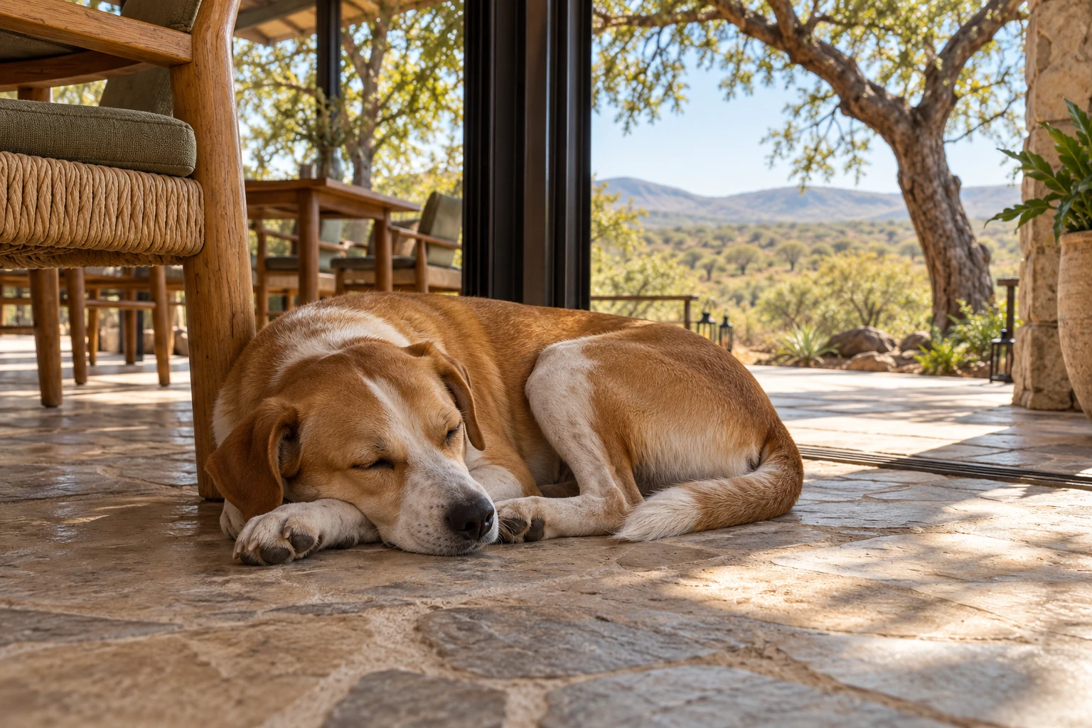 A dog asleep on the stone floor of the café