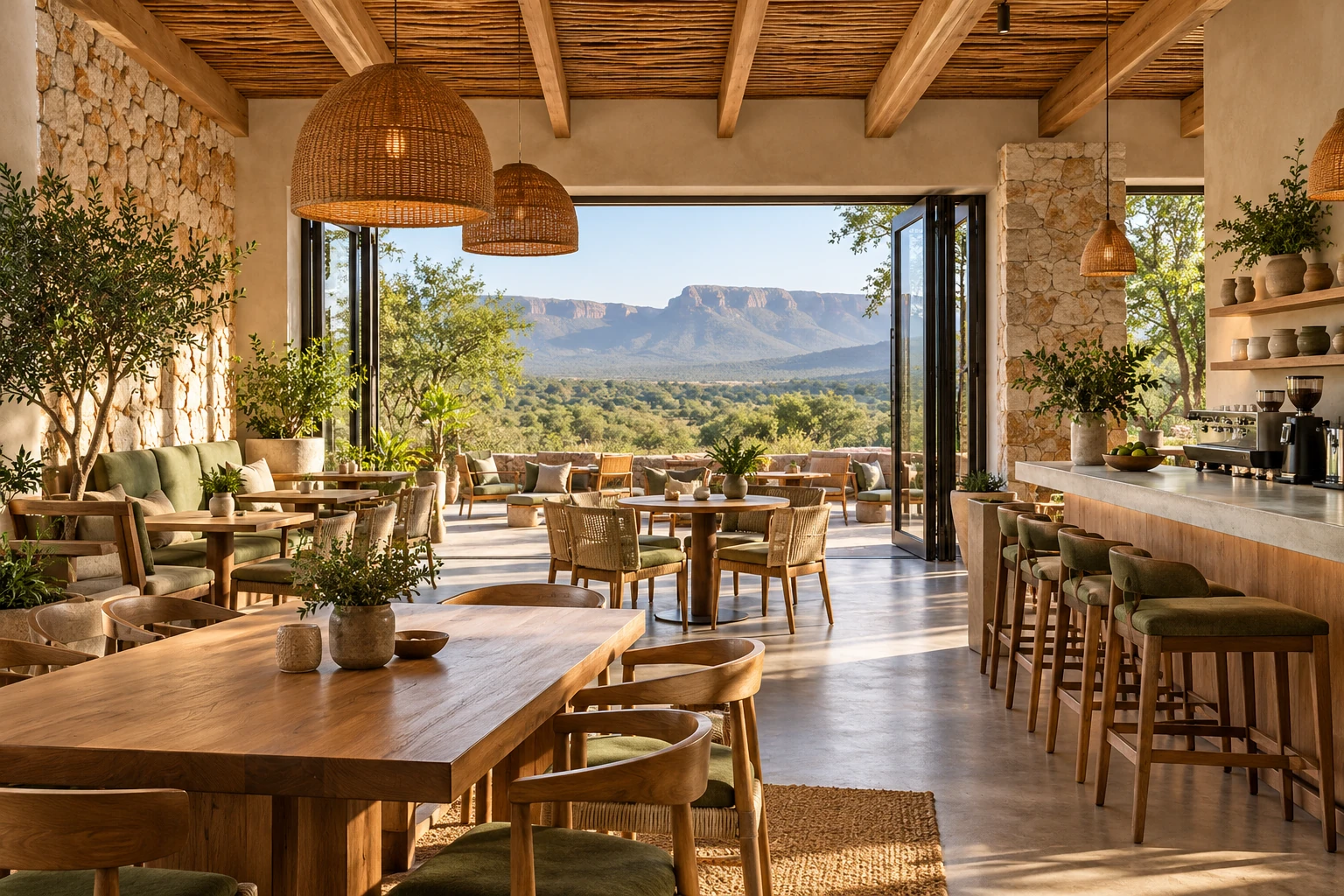 Inside the café, open to the bush and mountains
